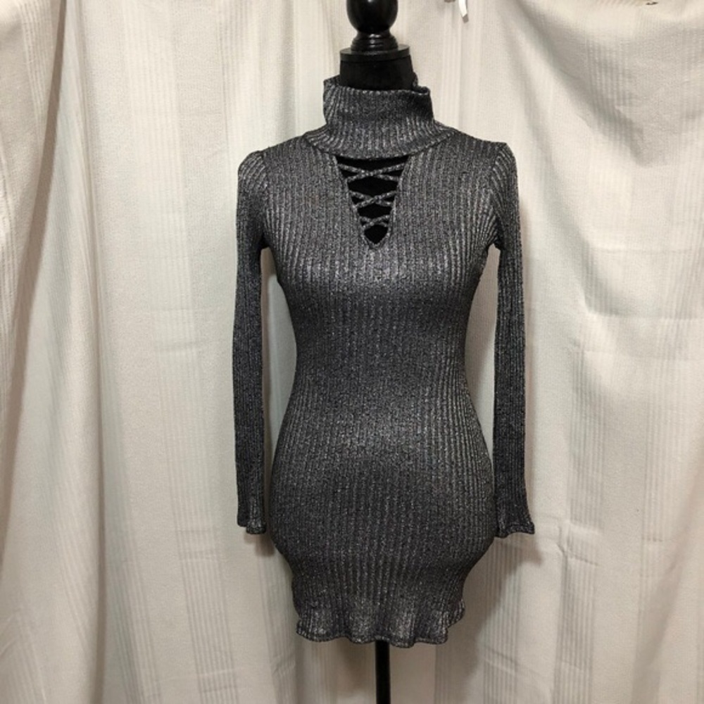 Metallic Silver Party Cocktail Zipper Open Dress